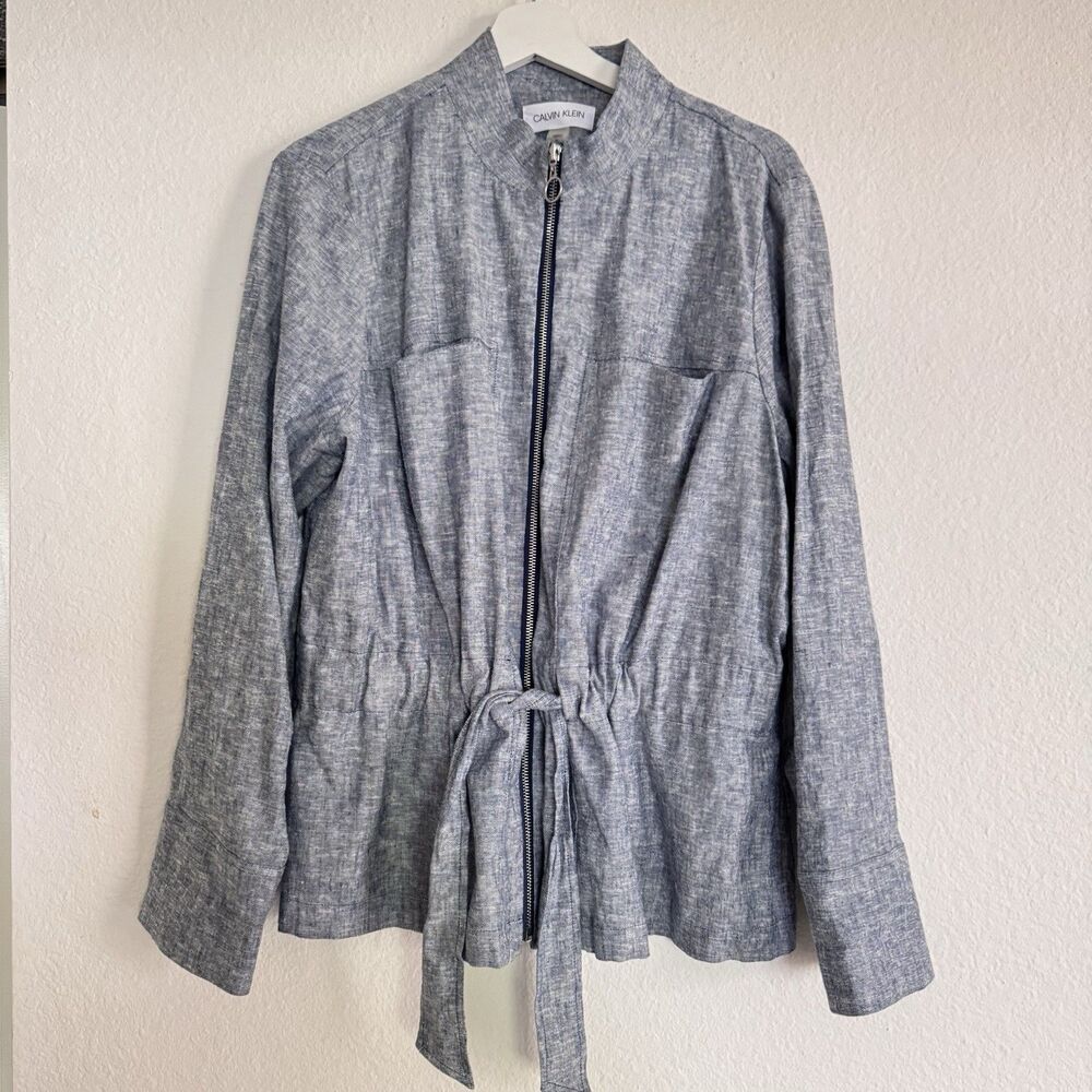 Calvin Klein Women's Jacket Size XL Linen Blend Front Tie Lightweight Chambray